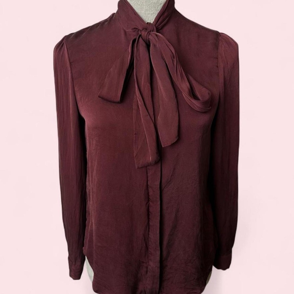 Quince 90% Silk Washable Stretch Tie Neck Long Sleeve Blouse Plum XS